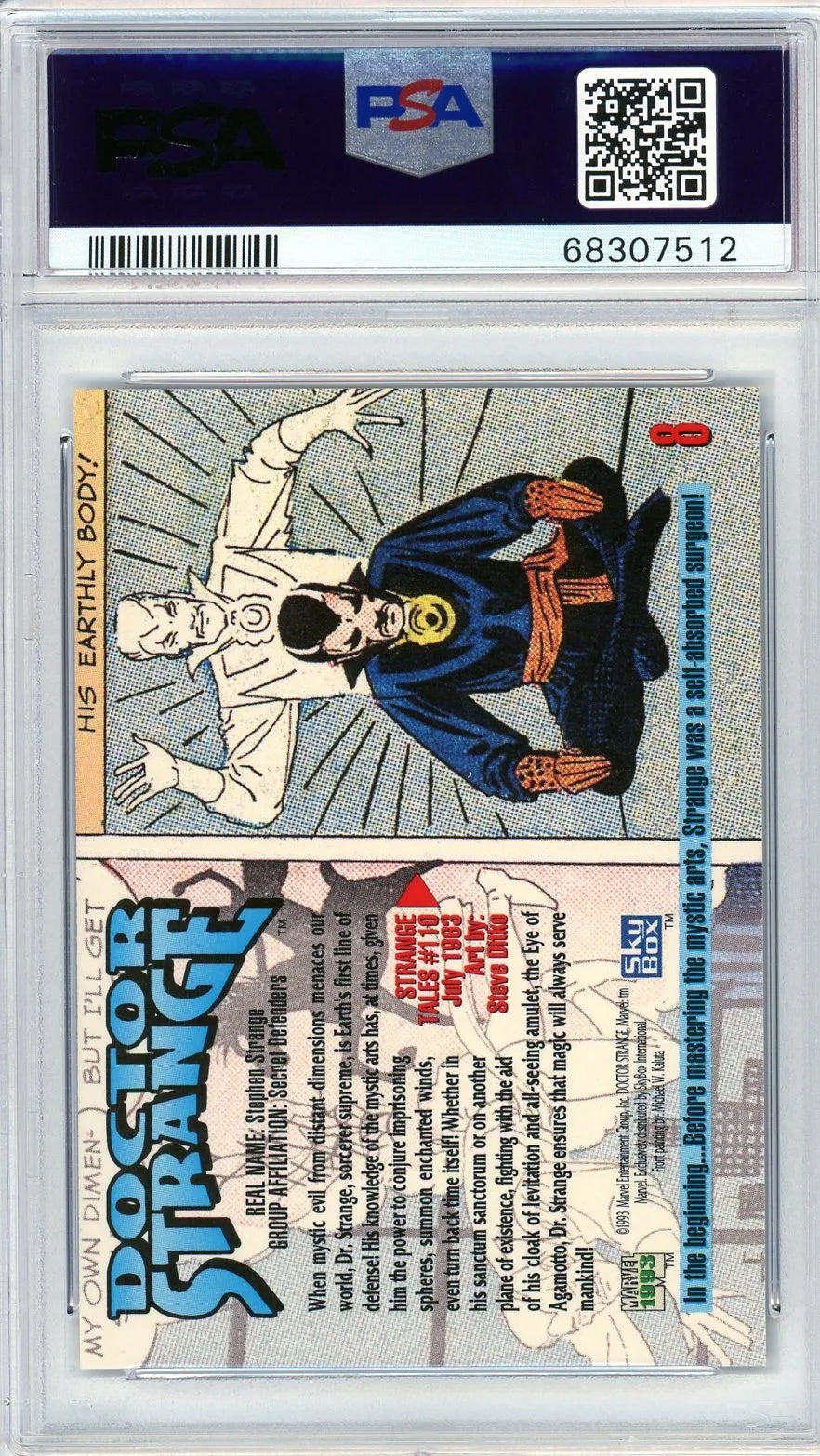 Back of Doctor Strange card with character biography and origin details from the 1993 Marvel Masterpieces set.
