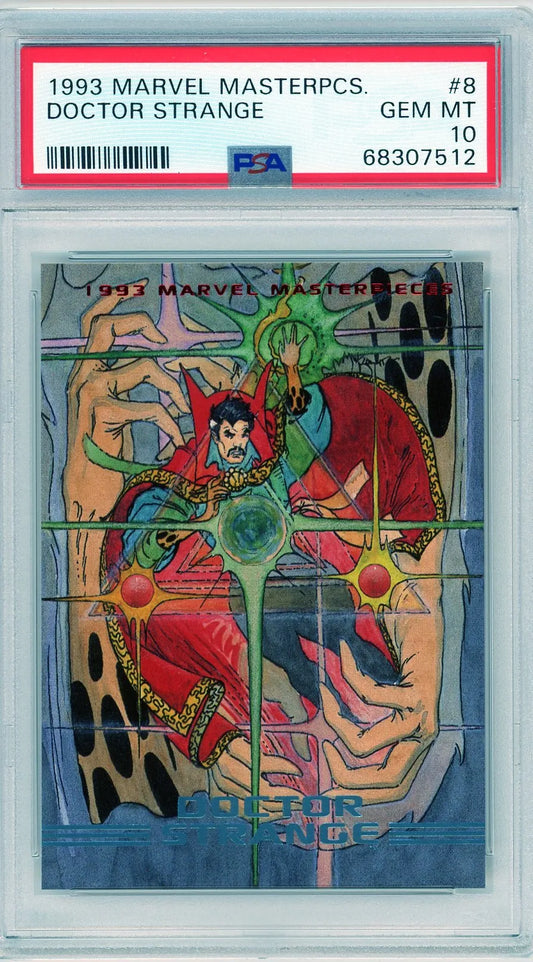 Front of 1993 Marvel Masterpieces Doctor Strange card, graded PSA 10 GEM MINT, showcasing vivid magical artwork.