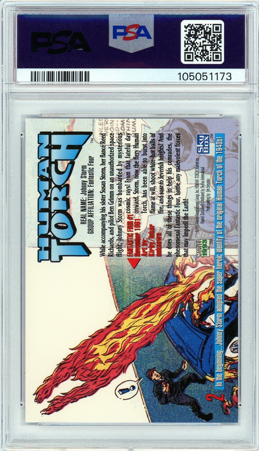 Back of the 1993 Marvel Masterpieces Human Torch #2 trading card showing character biography, Fantastic Four group affiliation, and vintage comic-style artwork with Johnny Storm using his flame powers.