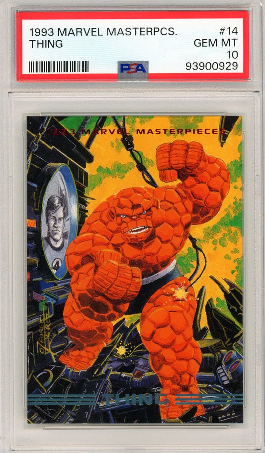 Front of 1993 Marvel Masterpieces card featuring The Thing, graded PSA 10 GEM MINT with bold comic art by George Pérez.