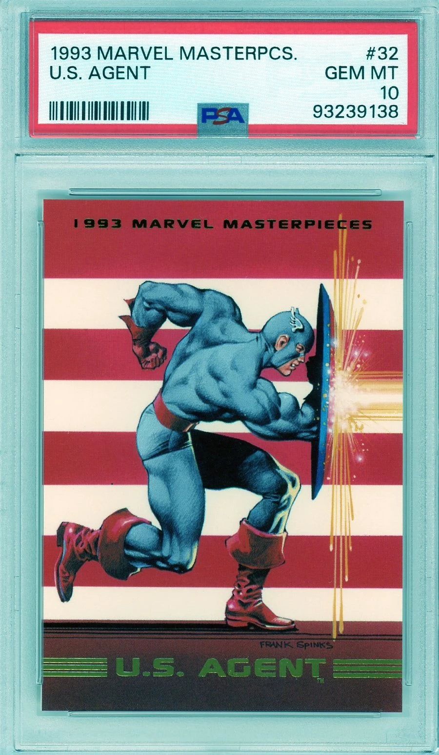 Front of U.S. Agent 1993 Marvel Masterpieces card graded PSA 10 with red, white, and blue foil artwork.