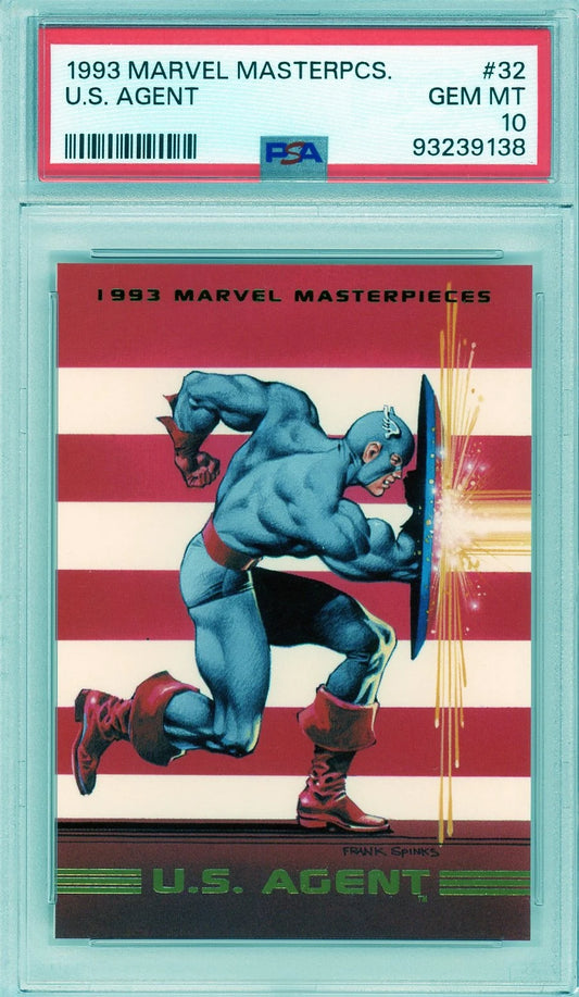 Front of U.S. Agent 1993 Marvel Masterpieces card graded PSA 10 with red, white, and blue foil artwork.