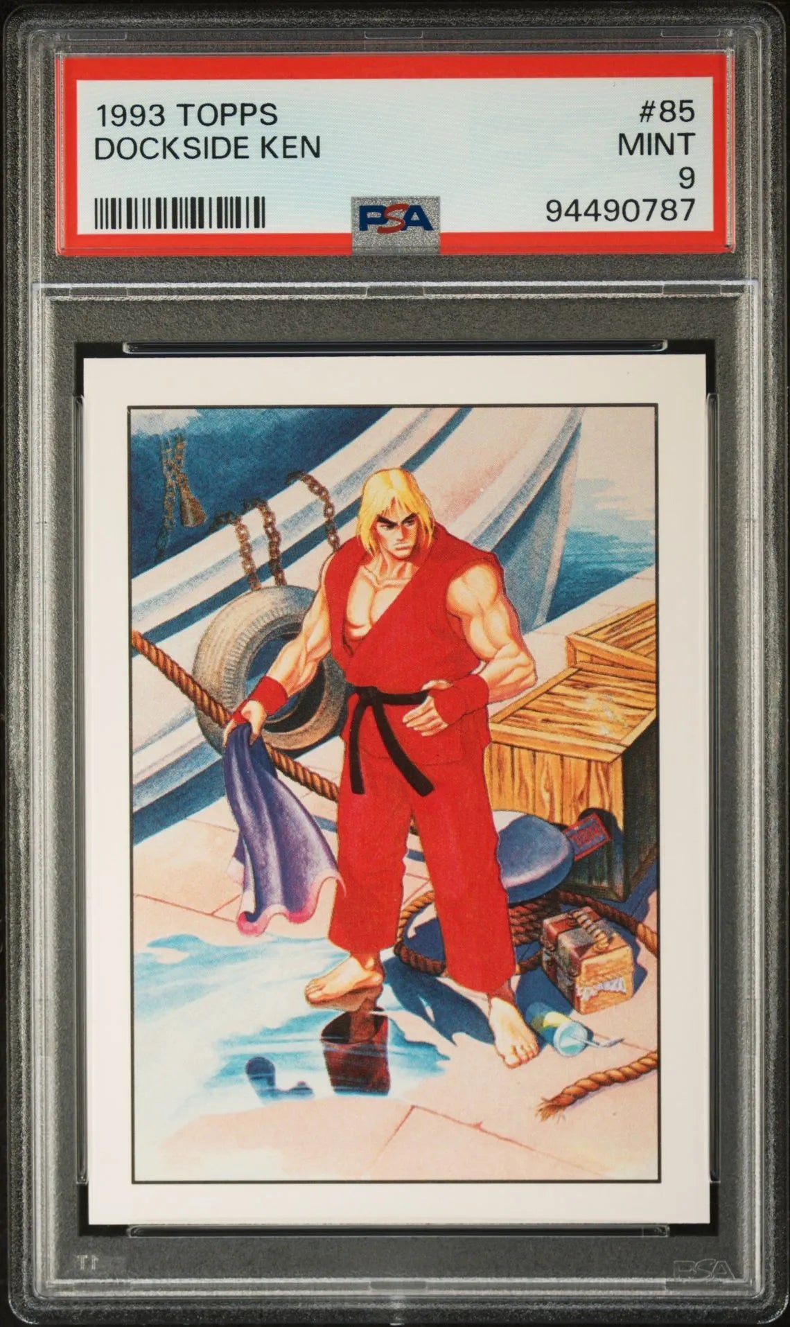 Front view of the 1993 Topps Dockside Ken card (#85), graded PSA 9 Mint, featuring Ken Masters from Street Fighter II in a dockside scene.