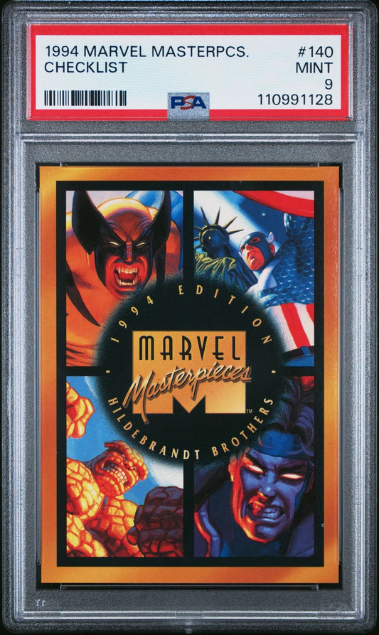 Front of the 1994 Marvel Masterpieces #140 Checklist card graded PSA 9, showcasing Marvel characters in collage format with Hildebrandt artwork.