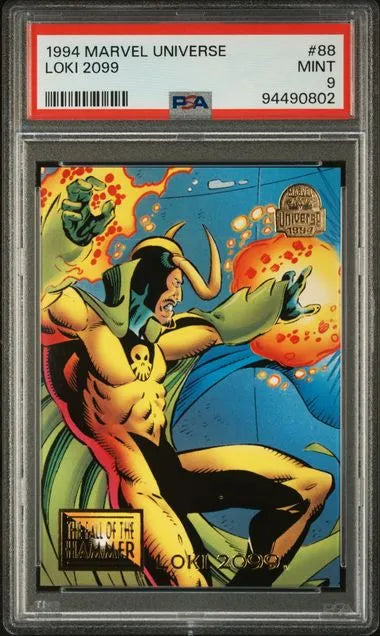 Front view of the 1994 Marvel Universe Loki 2099 card (#88), graded PSA 9 Mint, featuring dynamic comic-style artwork of Loki.