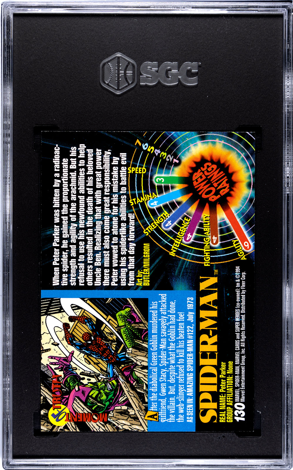 1994 Fleer Marvel Universe Spider-Man Trading Card #130 – SGC 9 Mint Graded – Stats and details on Spider-Man