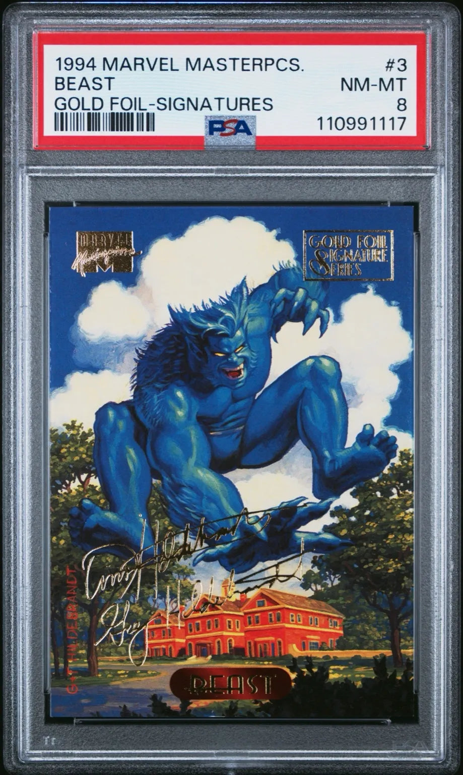 Front of 1994 Marvel Masterpieces Beast #3 Gold Foil-Signatures card graded PSA 8, showcasing Beast mid-leap with facsimile artist signatures.

