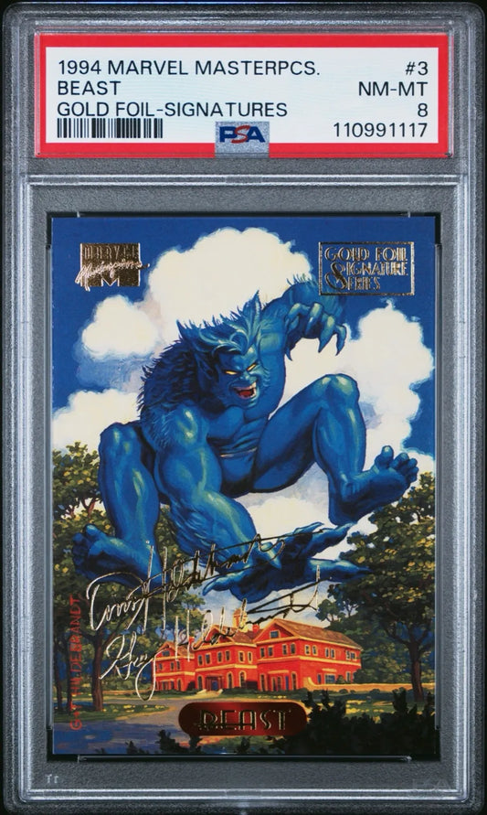 Front of 1994 Marvel Masterpieces Beast #3 Gold Foil-Signatures card graded PSA 8, showcasing Beast mid-leap with facsimile artist signatures.

