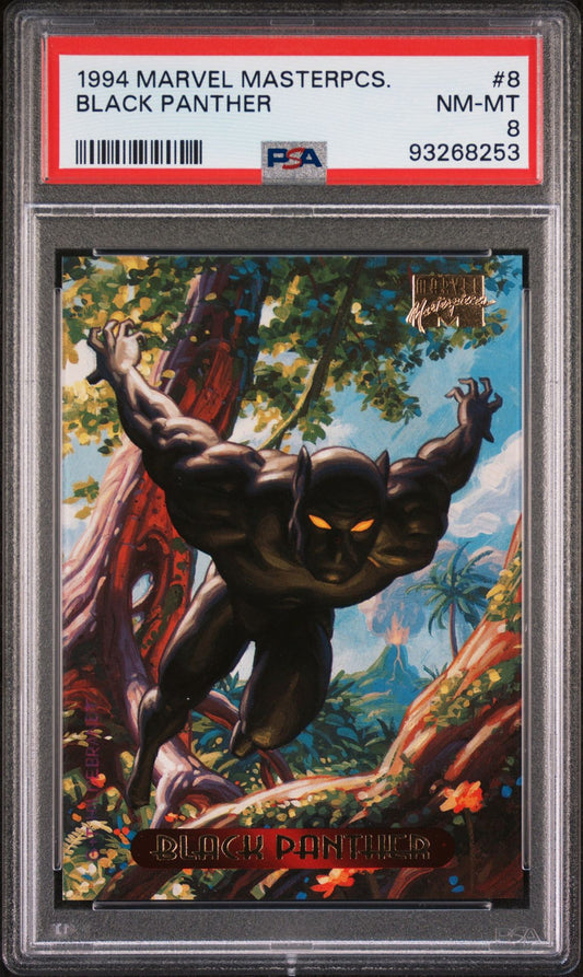 Front of a 1994 Marvel Masterpieces Black Panther trading card graded PSA 8, showcasing Black Panther in a dynamic jungle setting.