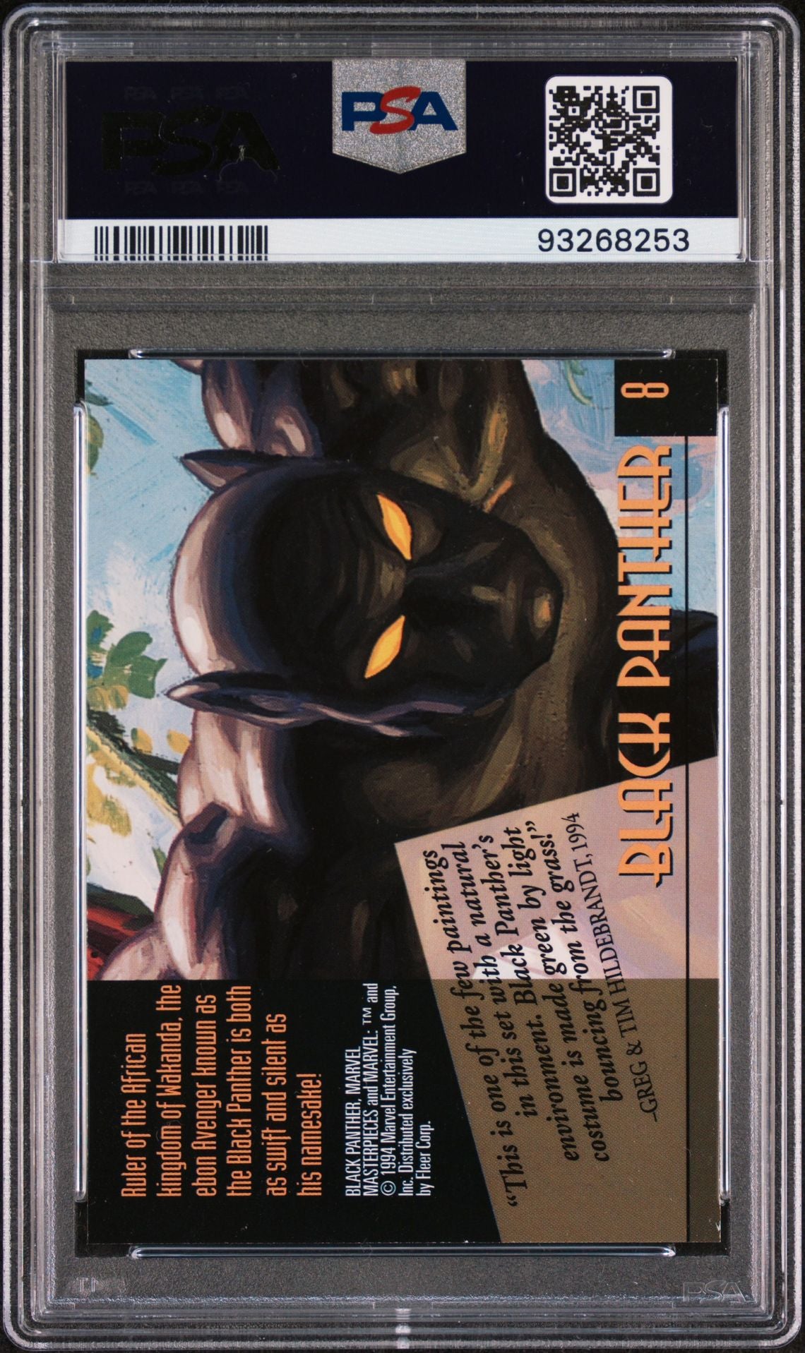 Back of a 1994 Marvel Masterpieces Black Panther trading card with character details and vivid jungle artwork.Trading Card