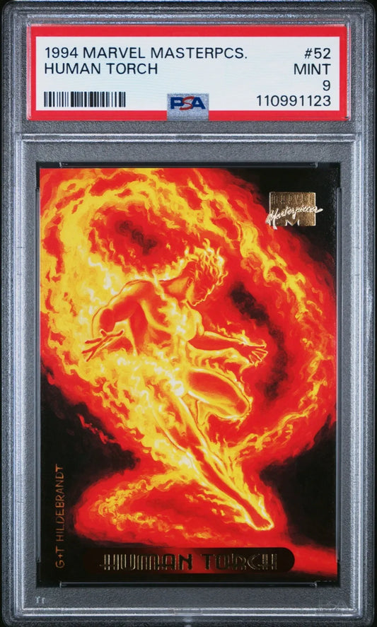 Front of 1994 Marvel Masterpieces Human Torch card #52 graded PSA 9 Mint, featuring fiery artwork by the Hildebrandt brothers.