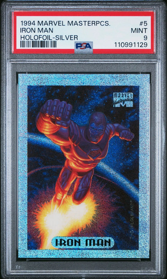 Front and back of 1994 Marvel Masterpieces Iron Man silver holofoil card #5 of 10, graded PSA 9 Mint.