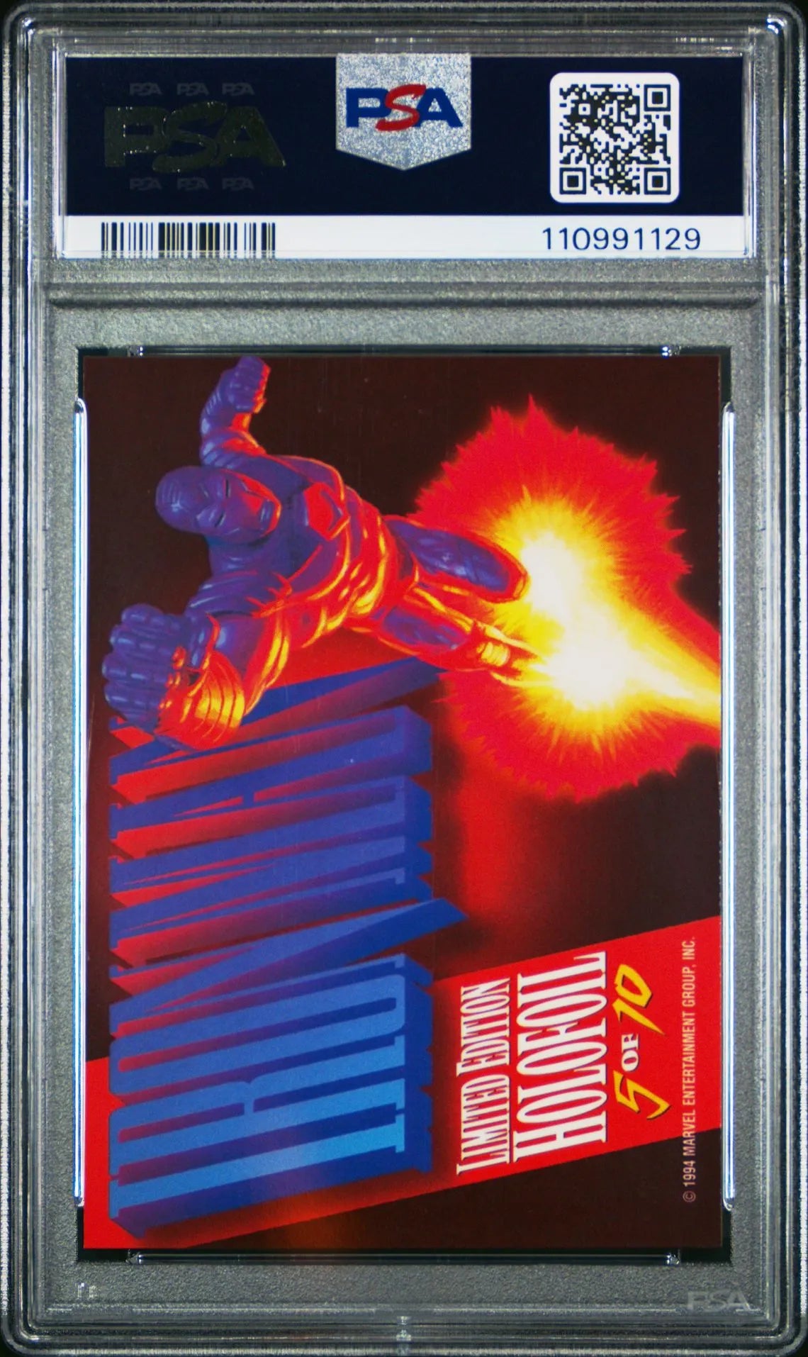 Back of 1994 Marvel Masterpieces Iron Man silver holofoil card #5 of 10, graded PSA 9 Mint.