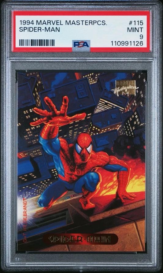 Front of 1994 Marvel Masterpieces Spider-Man card #115 graded PSA 9 Mint, showing dynamic rooftop artwork in bold comic style