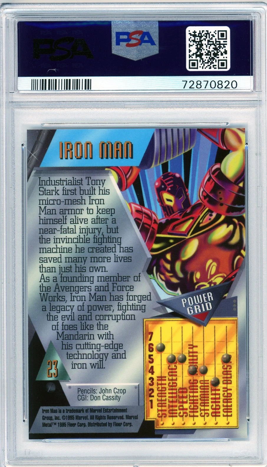 Back of PSA 10 Iron Man card with power grid stats and detailed comic biography.