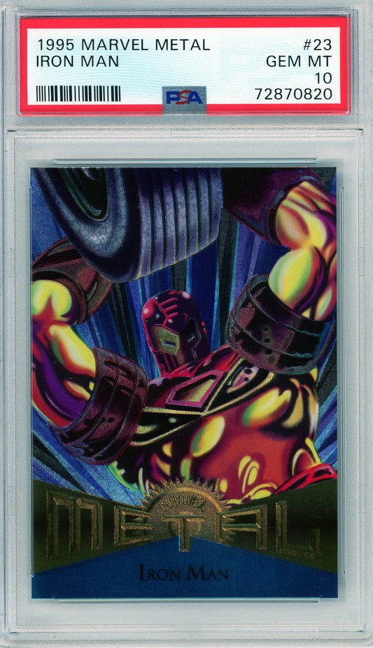 Front of 1995 Marvel Metal Iron Man card graded PSA 10, featuring foil comic art and dynamic pose.