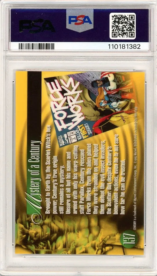 Back of PSA 10 graded 1995 Flair Century card with Force Works comic art and character bio titled "Mystery of a Century.