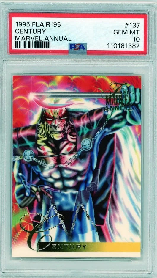 Front of 1995 Flair Marvel Annual Century #137 card, featuring foil artwork, graded PSA 10 GEM MINT.