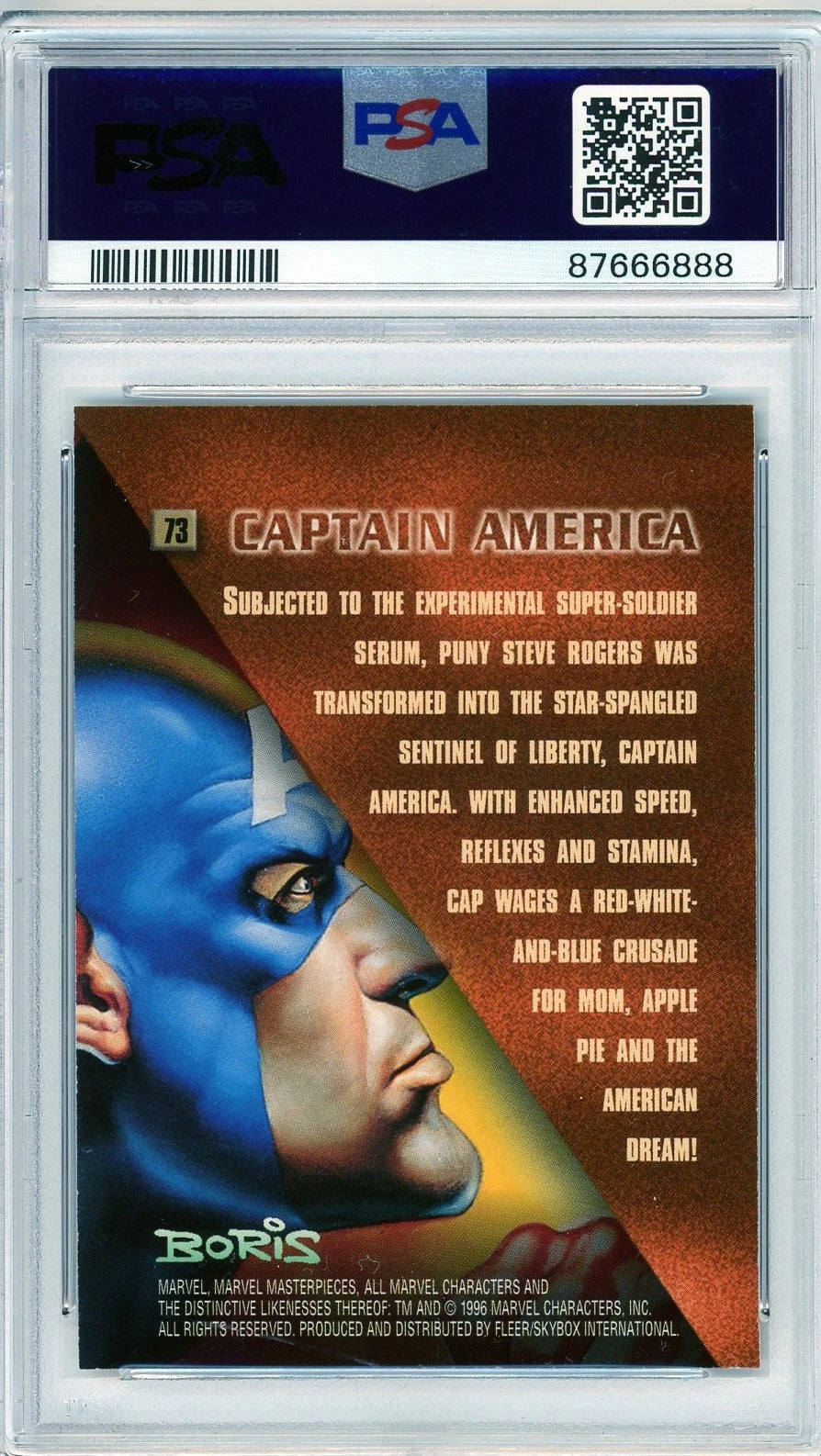  Description panel of Captain America’s transformation from the 1996 Marvel Masterpieces card #73, PSA 8

