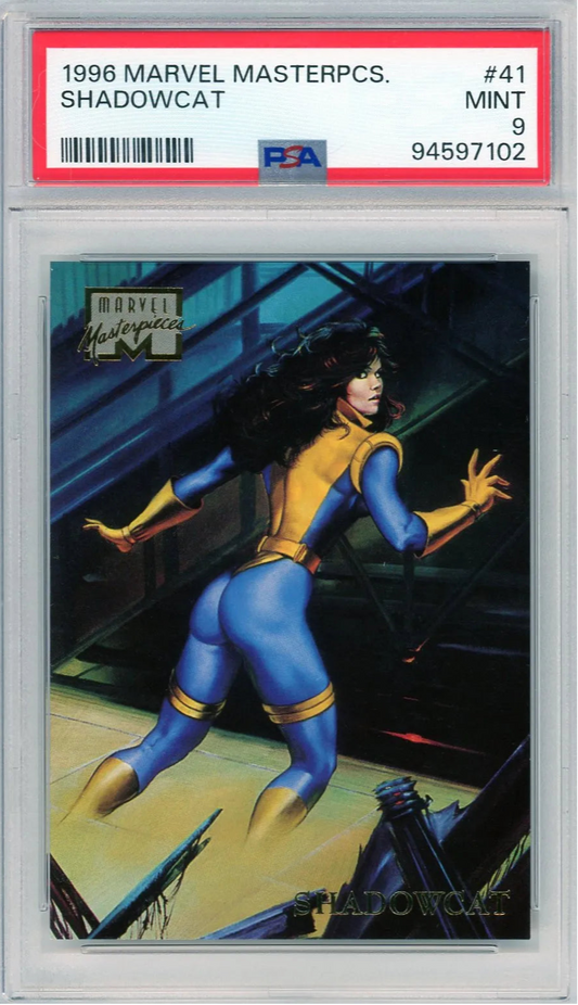  Front of 1996 Marvel Masterpieces Shadowcat trading card graded PSA 9, featuring vibrant artwork of Shadowcat in her classic costume.