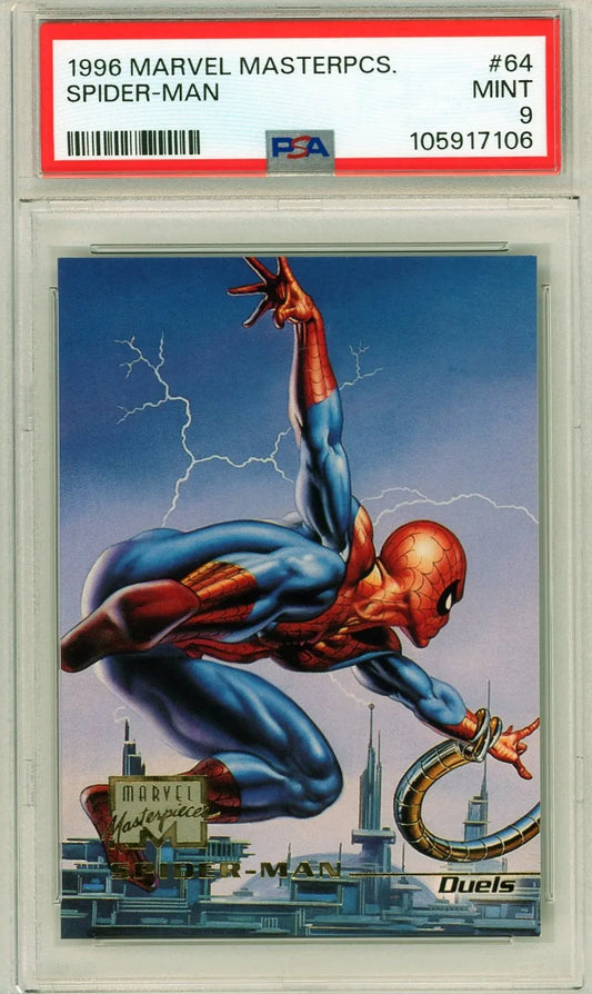 Front image of Spider-Man #64 from 1996 Marvel Masterpieces, PSA 9 graded with lightning-filled background and web-slinging pose.