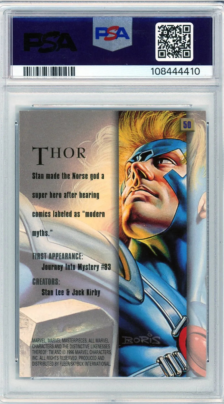 : Back of the Thor #50 card with origin details and creators' names, slabbed by PSA with certification visible.