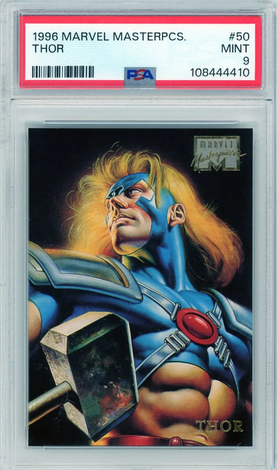 Front of the 1996 Marvel Masterpieces #50 Thor card, PSA 9 grade, featuring heroic pose and Boris Vallejo art.