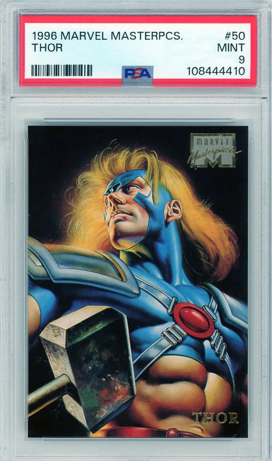 Front of the 1996 Marvel Masterpieces #50 Thor card, PSA 9 grade, featuring heroic pose and Boris Vallejo art.