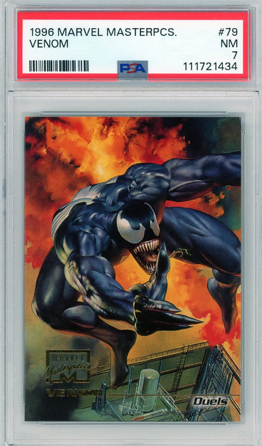  Front of the 1996 Marvel Masterpieces #79 Venom card, graded PSA 7, showing Venom leaping with flames in the background.