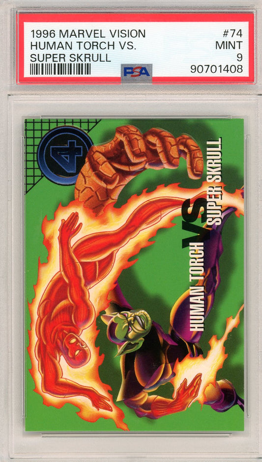 Front of PSA 9 1996 Marvel Vision card showing Human Torch battling Super Skrull