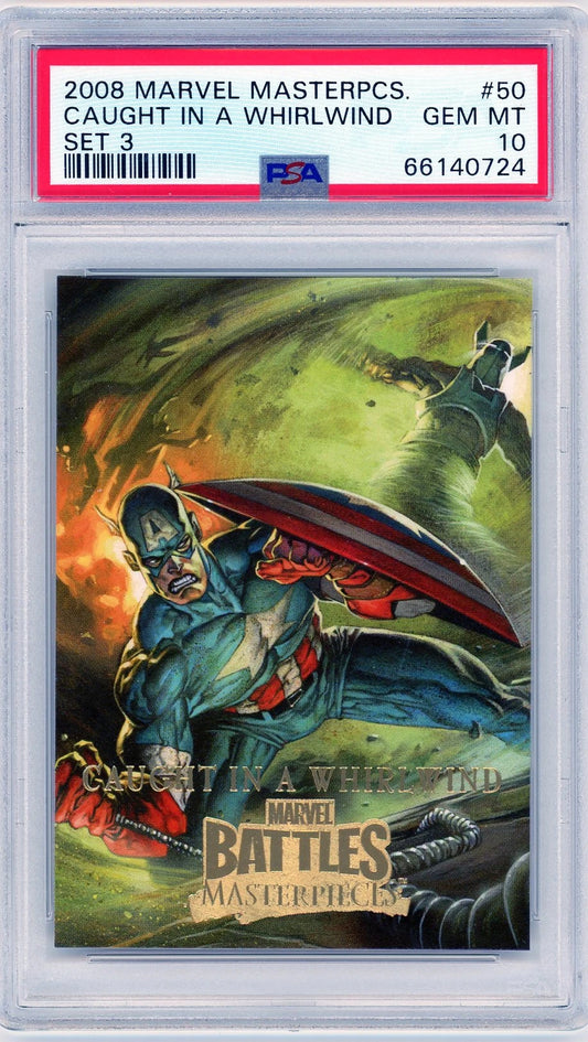 Front of 2008 Marvel Masterpieces card showing Captain America in battle with Whirlwind.