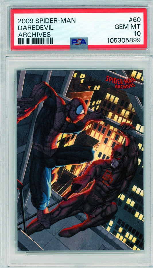 High-resolution front image of the 2009 Spider-Man Archives Daredevil #60 card, graded PSA 10 GEM MINT. Features Daredevil and Spider-Man rooftop artwork by Roger Cruz from Marvel Age Spider-Man #15, slabbed in a PSA case.