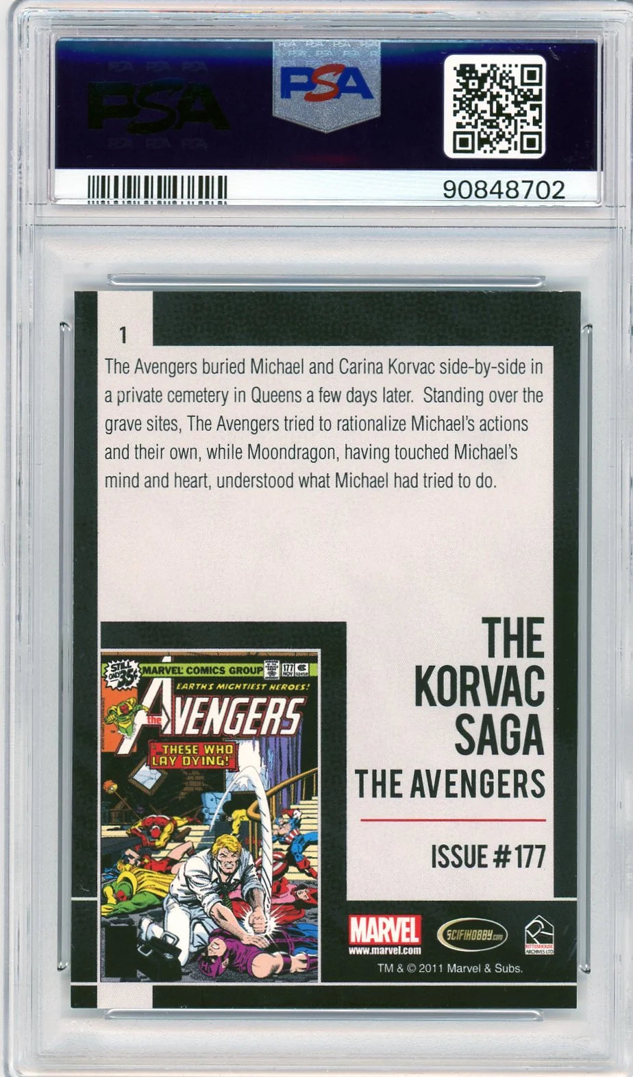 Comic book card with Marvel Avengers cover and text, graded by PSA