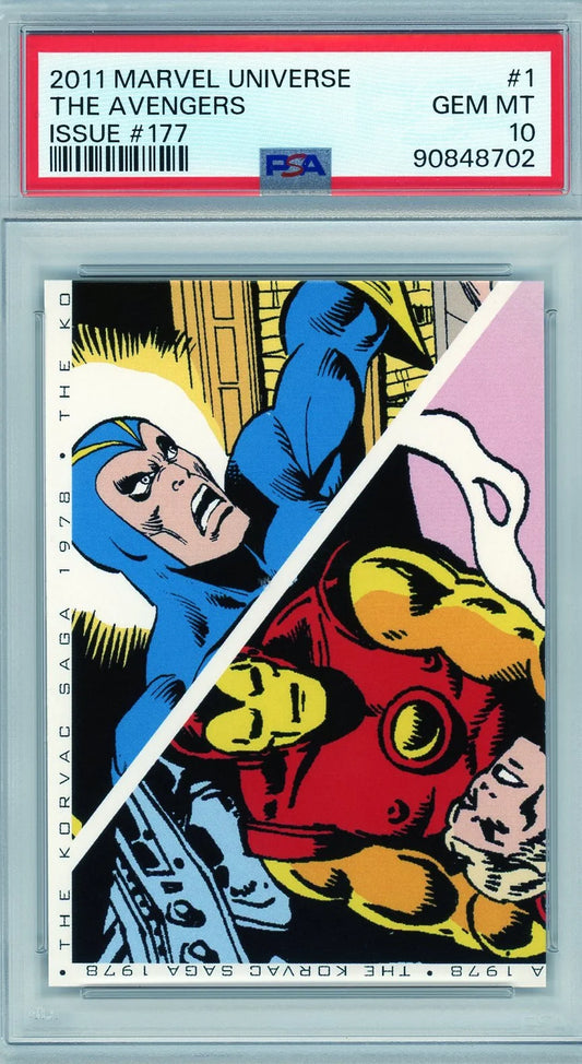 Front of 2011 Marvel Universe The Avengers #177 Korvac Saga card, graded PSA 10 GEM MINT