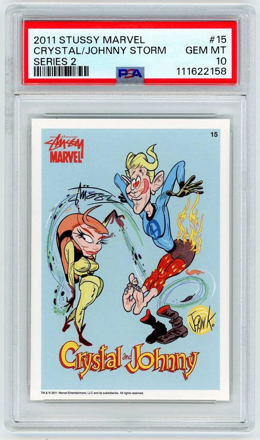 PSA 10 GEM MINT 2011 Stussy Marvel card featuring Crystal and Johnny Storm in cartoon style.

