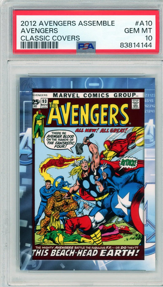 Front of 2012 Avengers Assemble trading card featuring Avengers #93 comic cover with Fantastic Four and Avengers, graded PSA 10.