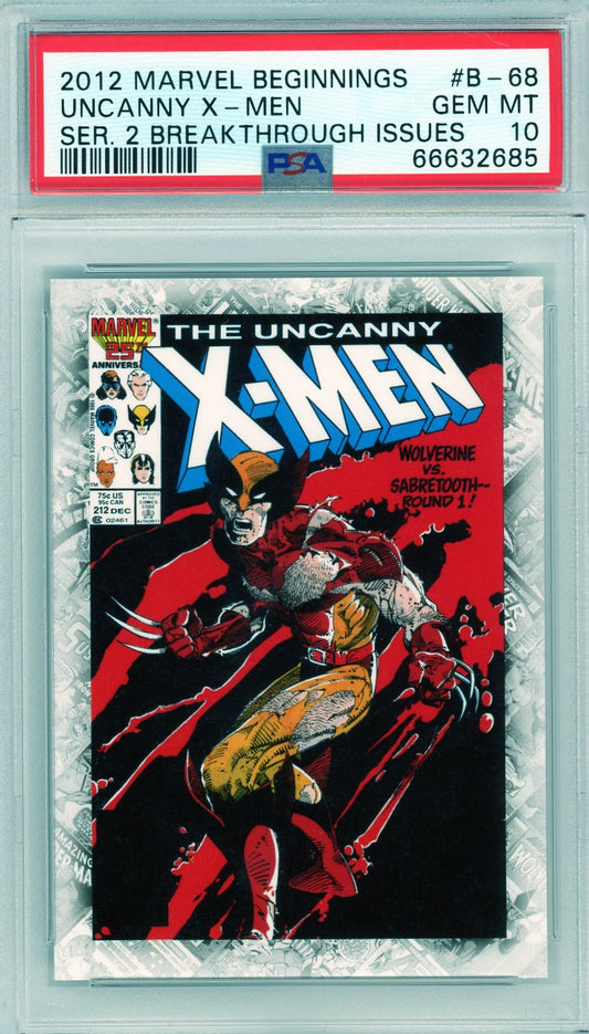 Front of PSA 10 graded Wolverine vs Sabretooth card from Marvel Beginnings B-68