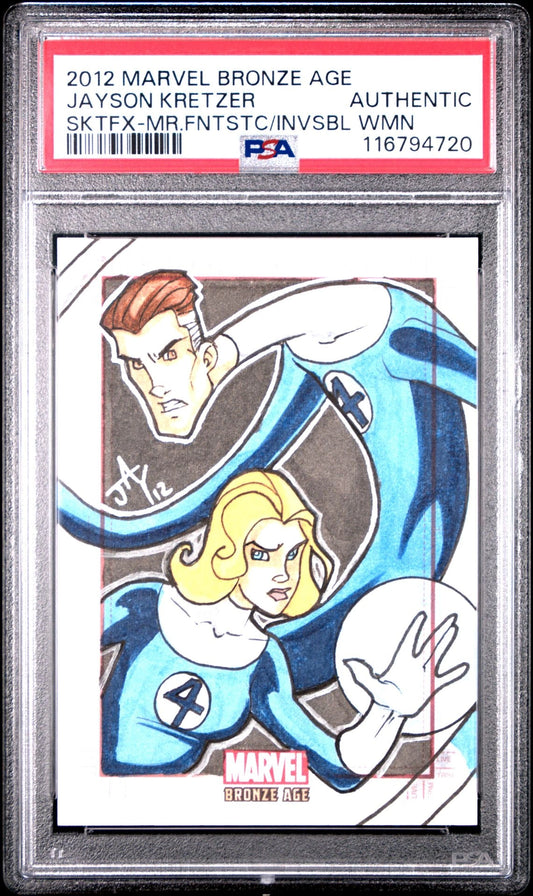 Front of the 2012 Marvel Bronze Age Jayson Kretzer sketch card featuring Mr. Fantastic and Invisible Woman, PSA authenticated and encapsulated.
