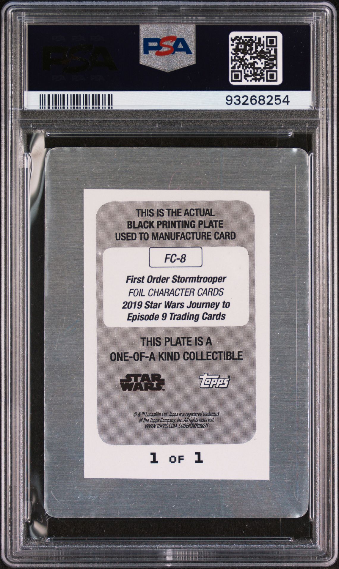 Back of the 2019 Topps Star Wars First Order Stormtrooper 1/1 black printing plate, featuring card details and PSA authentication.