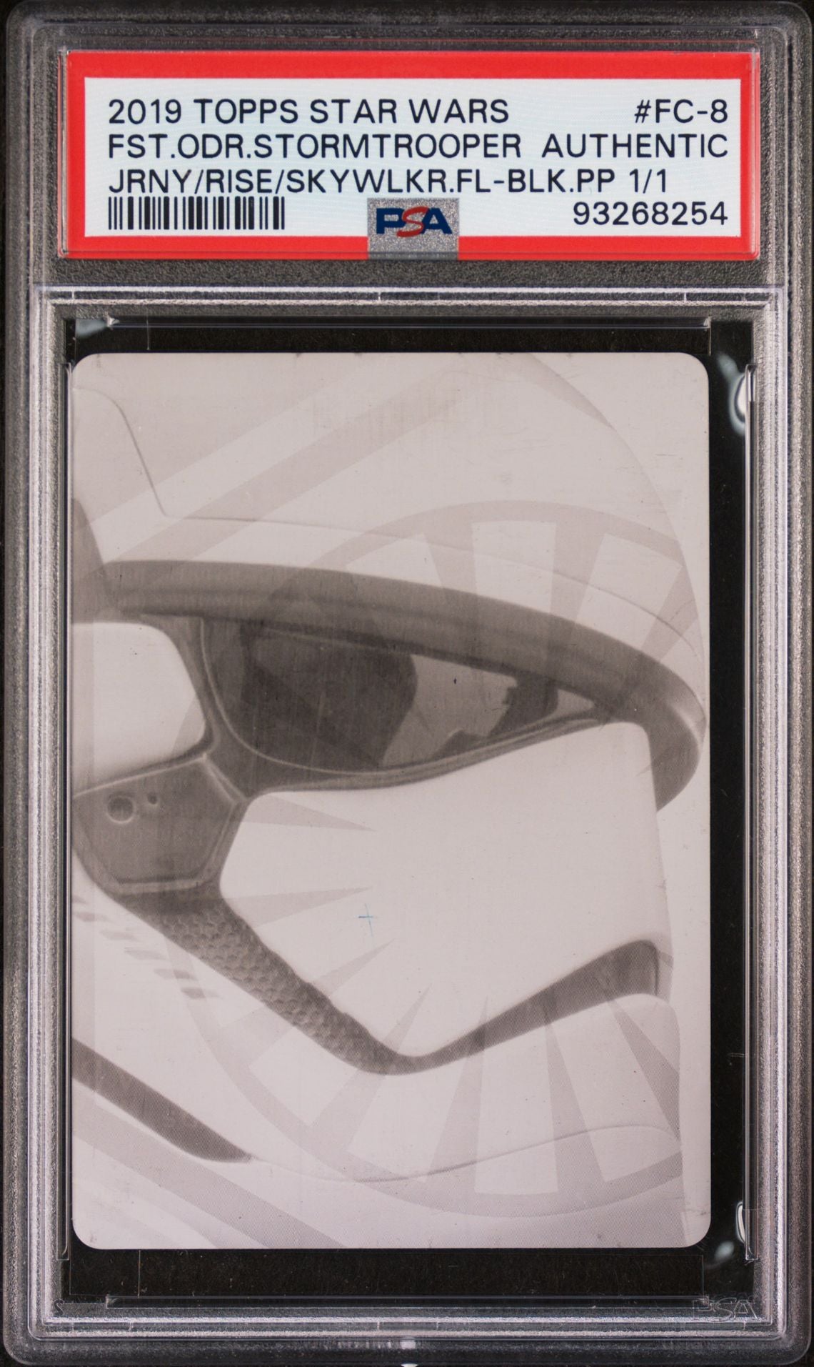 2019 Topps Star Wars printing plate featuring a First Order Stormtrooper, authentic Journey/Rise of Skywalker black plate 1/1, graded by PSA