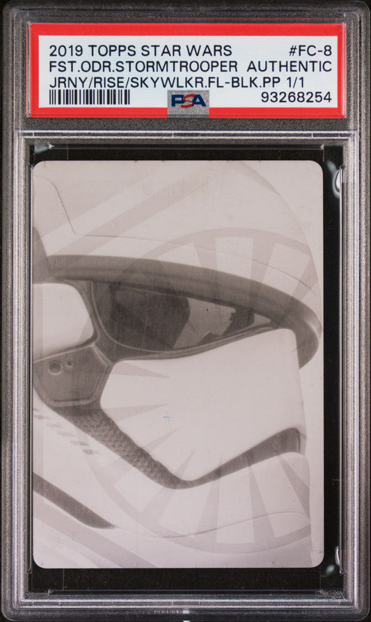 2019 Topps Star Wars printing plate featuring a First Order Stormtrooper, authentic Journey/Rise of Skywalker black plate 1/1, graded by PSA