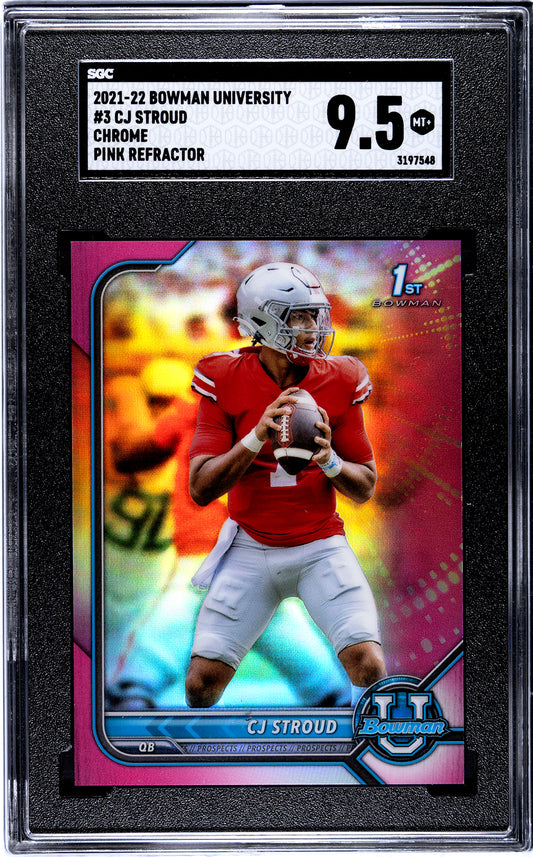 2021-22 Bowman University CJ Stroud Chrome Pink Refractor card graded SGC 9.5 Mint+, featuring the Ohio State quarterback in red jersey.