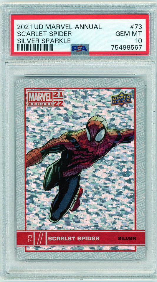 Front image of 2021 Marvel Annual Scarlet Spider Silver Sparkle Variant #73 card graded PSA 10 GEM MINT, featuring foil sparkle finish.

