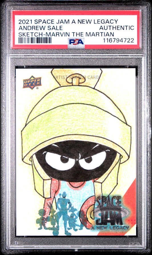 Front of the 2021 Space Jam A New Legacy Andrew Sale Marvin the Martian sketch card, PSA authenticated and encapsulated, showcasing the classic Looney Tunes character.