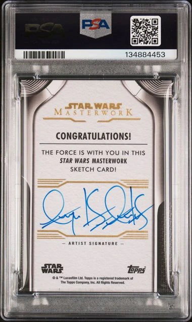 Back view showing artist signature and Masterwork authentication text on PSA encapsulated 2021 X-34 Landspeeder sketch card.