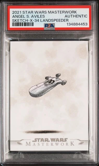 Front view of PSA authenticated one-of-one X-34 Landspeeder original sketch by Angel S. Aviles from the 2021 Star Wars Masterwork release.