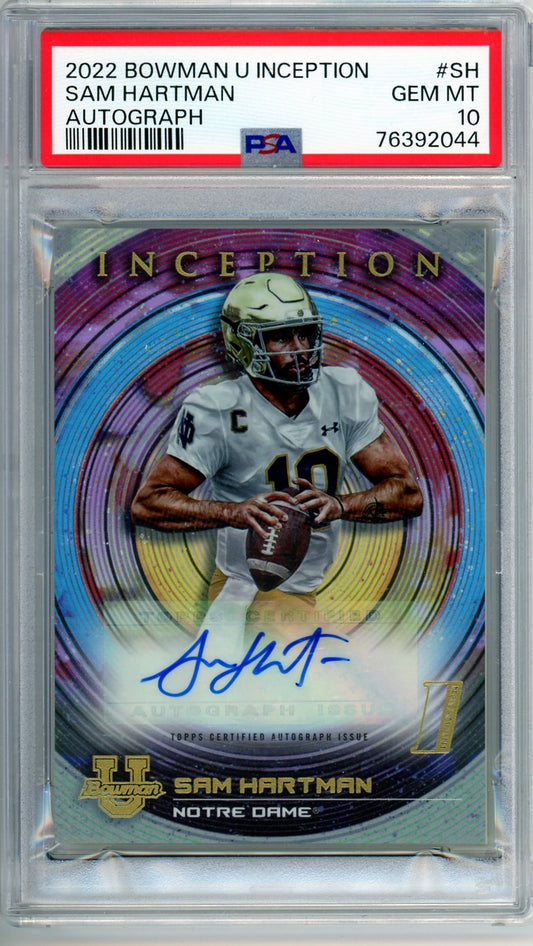 2022 Bowman Inception football card featuring Sam Hartman of Notre Dame, autographed, graded PSA Gem Mint 10
