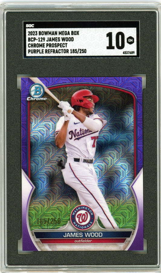 High-grade SGC 10 GEM MINT 2023 Bowman Mega Box Chrome Purple Refractor card of James Wood, featuring vibrant background design and serial number 185/250.