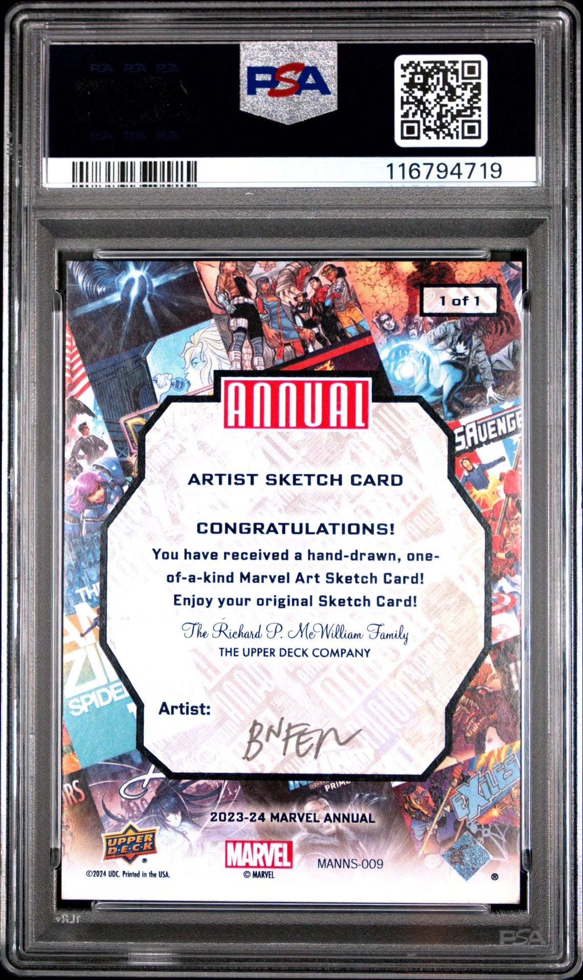 Back of the 2023 Marvel Annual Bien Flores Fantastic Four sketch card, PSA authenticated, showing official Marvel Annual artwork and the artist signature.