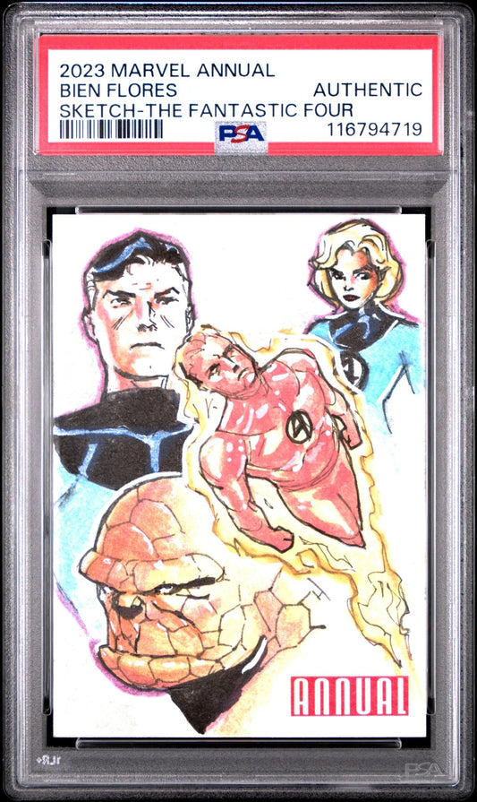 Front of the 2023 Marvel Annual Bien Flores Fantastic Four sketch card, PSA authenticated and encapsulated, featuring all four members in vivid hand-drawn art.